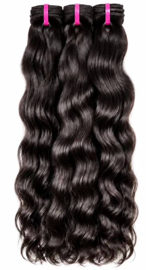 Raw human hair Natural Wave bundles on a clean white background