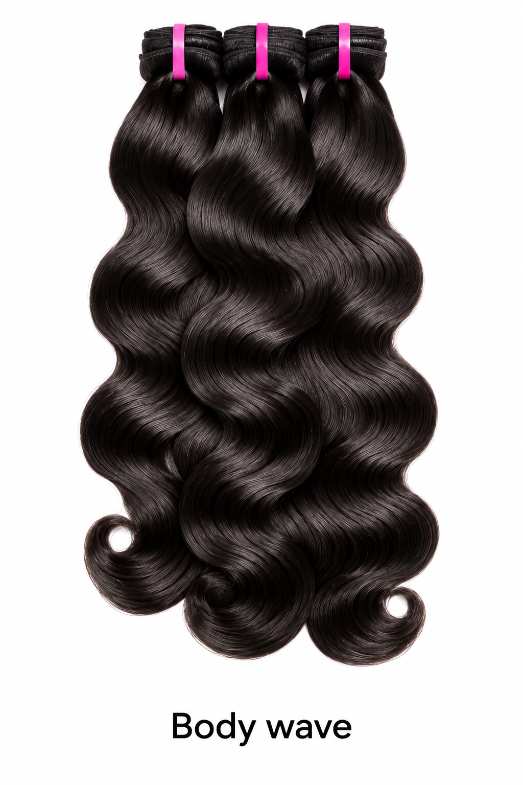 Raw human hair Body Wave bundles on a white background