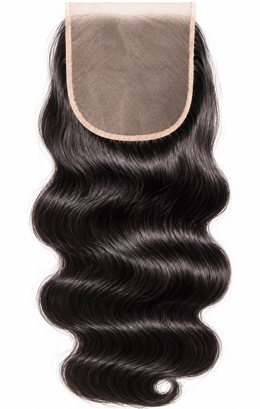 Virgin 5x5 HD lace closure with virgin human hair on a white background
