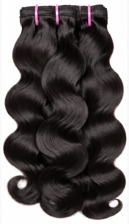Virgin human hair body wave bundles with folded wefts and pink ties on a white background