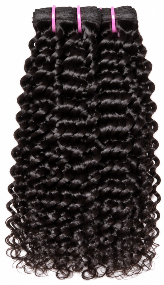 Virgin human hair curly bundles with folded wefts and pink ties on a white background