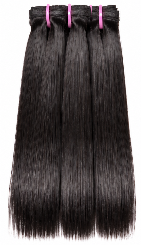 Virgin human hair straight bundles with folded wefts and pink ties on a white background